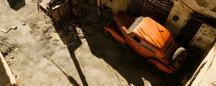 Fototapeta Rusty orange vintage car parked in a sun-drenched alleyway.