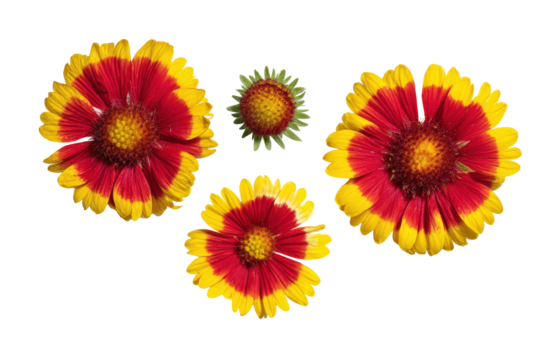 Flat-lay studio photo of mirrored Gaillardia blooms, bright lighting, top-down angle, white backdrop revealing striking bicolor petals and dark cones
