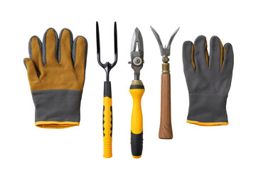 Flat-lay garden toolkit with mirrored fork-glove-shear sets, bright lighting, top-down angle, white backdrop highlighting tidy symmetrical layout for catalog design