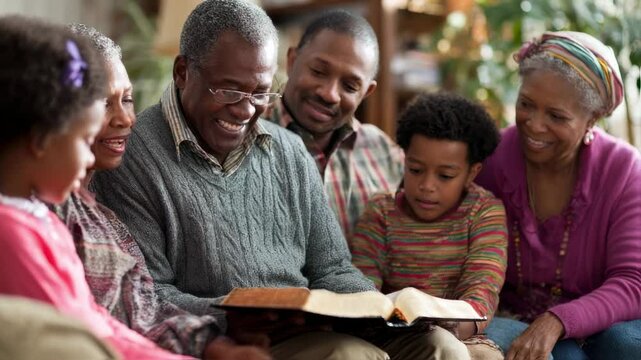 Concept photo of grandparents leading a family devotional time, with their adult children and grandchildren gathered around them, displaying the special bond and connection that comes