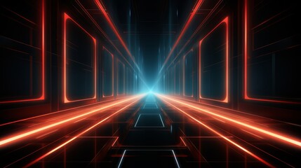 Long, dark hallway with red and blue lights illuminating the space. The hallway is empty, giving it a sense of emptiness and loneliness. The lights are on