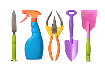 Flat-lay image of clustered garden scissors, trowel, spray bottle, bright lighting, top-down perspective, white backdrop conveying complete planting toolkit