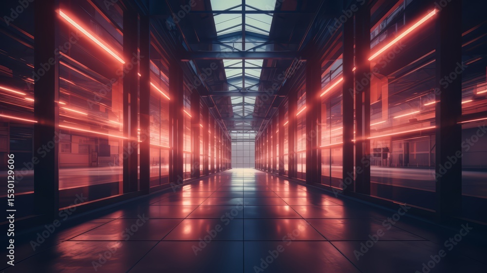 Poster long, empty hallway with red lights shining on the floor. the lights create a sense of emptiness and