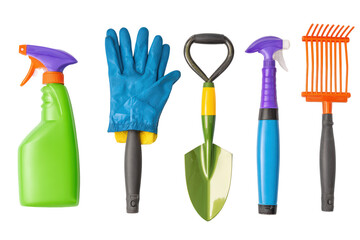 Trowel gloves sprayer detail close-up flat lay, no background