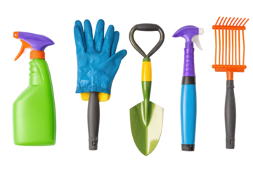 Trowel gloves sprayer detail close-up flat lay, no background