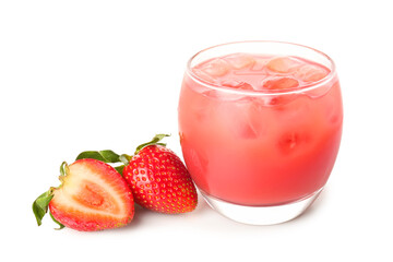 Glass of tasty strawberry smoothie with ice cubes on white background