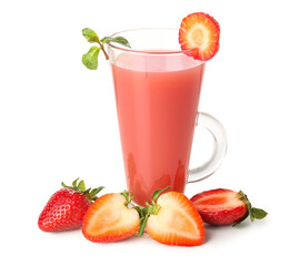 Glass with tasty strawberry smoothie on white background