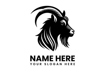 Detailed black vector logo of a goat head with impressive curved horns symbolizing farming heritage and strength