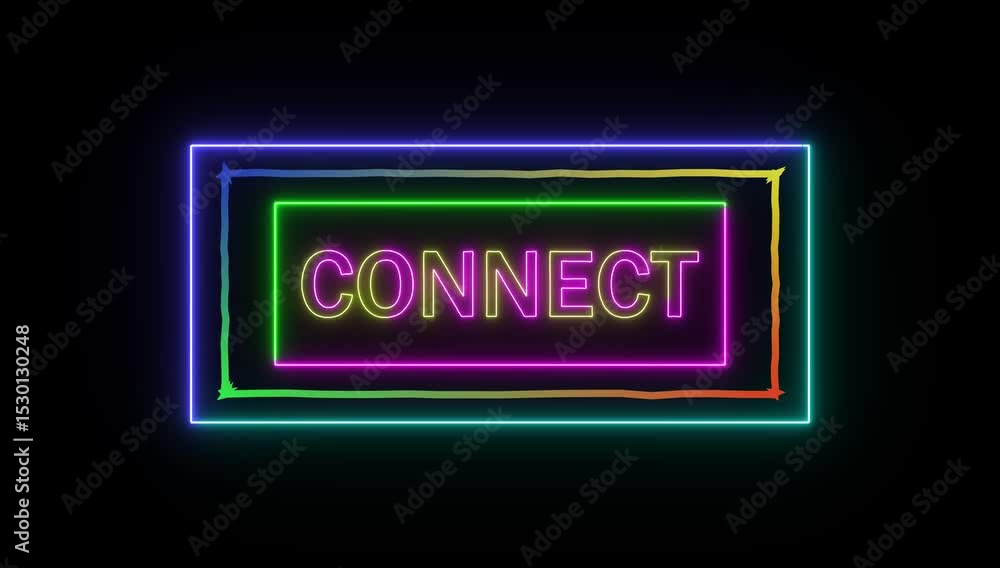 Poster connect text animation with neon glow line on black background neon bright sign in frame.