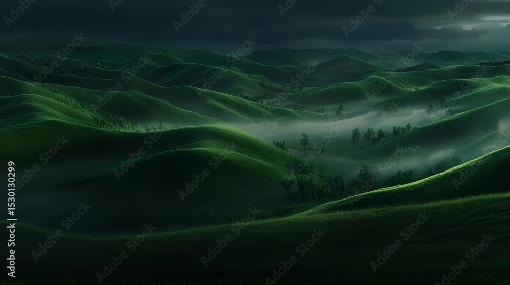 Poster lush green field with foggy mist in the background. concept of tranquility and serenity, as the mist