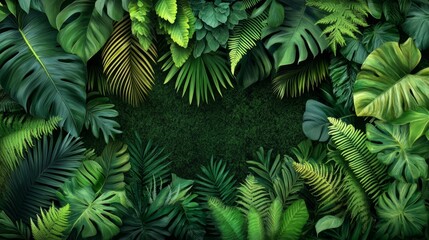 Lush green jungle with a large green leafy plant in the center. The jungle is full of green leaves and plants, creating a vibrant and lively atmosphere
