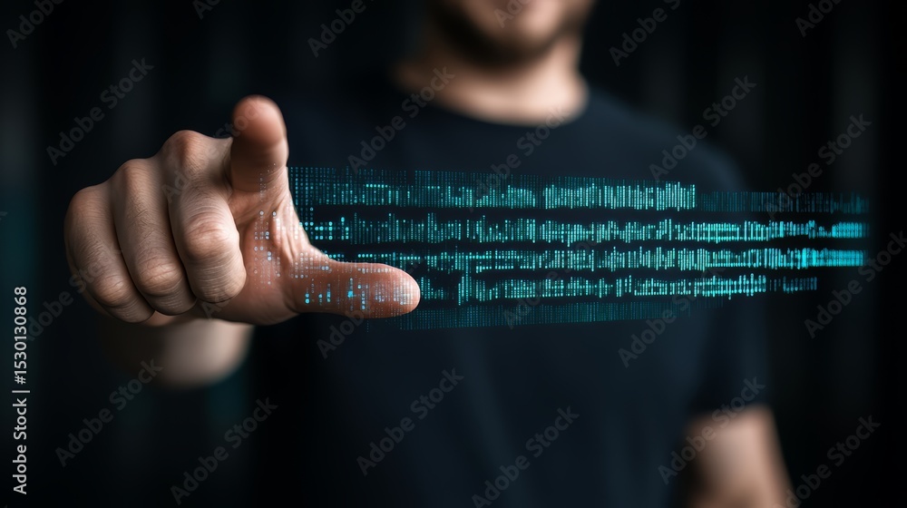 Poster Man is pointing at a screen with a blue and white pattern. Concept of technology and innovation, as the man's finger is hovering over the screen, suggesting that he is interacting with it