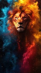 Lion portrait amidst colorful, vibrant cosmic dust clouds