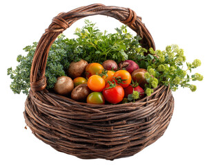Woven basket filled with fresh vegetables and herbs, including tomatoes, mushrooms, and greens, showcasing vibrant and healthy assortment. This evokes sense of abundance and natural beauty
