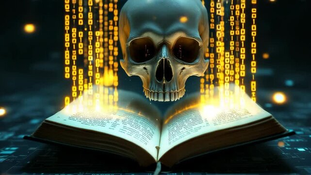 Binary code streams from ancient book with skull technology and data concept