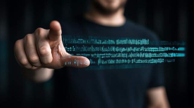 Man is pointing at a screen with a blue and white pattern. Concept of technology and innovation, as the man's finger is hovering over the screen, suggesting that he is interacting with it