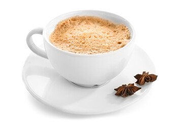 Cup of delicious espresso, star anise and saucer on white background