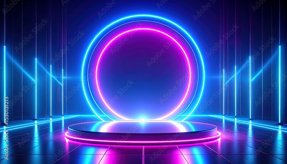 Poster neon stage with glowing circle and lines.