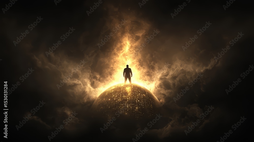 Poster Man stands on top of a planet, surrounded by clouds and fire. Concept of awe and wonder, as if the man is on top of the world