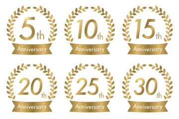 5周年・10周年・15周年・20周年・25周年・30周年のアニバーサリーロゴ(anniversarry logo エンブレム 月桂樹 お祝い ベクター 編集可能 シンプル モノクロ)	