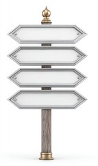 Obraz premium Rustic White Wooden Signpost with Four Blank Arrows and Ornate Metal Details