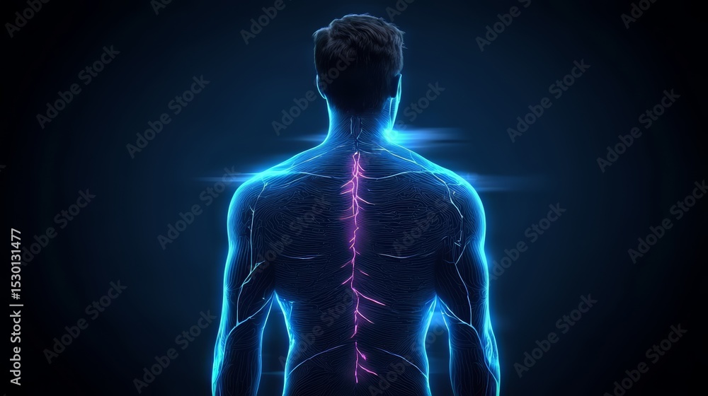Poster man's body is shown in a blue and purple color scheme. the image is of a man's back, and the spine i
