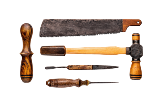 Handsaw, mallet & chisel flat-lay