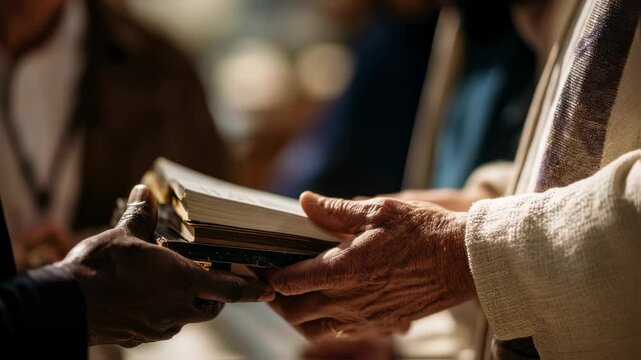 Closeup of hands holding a stack of religious texts, as one member shares a powerful quote that resonates with the group.
