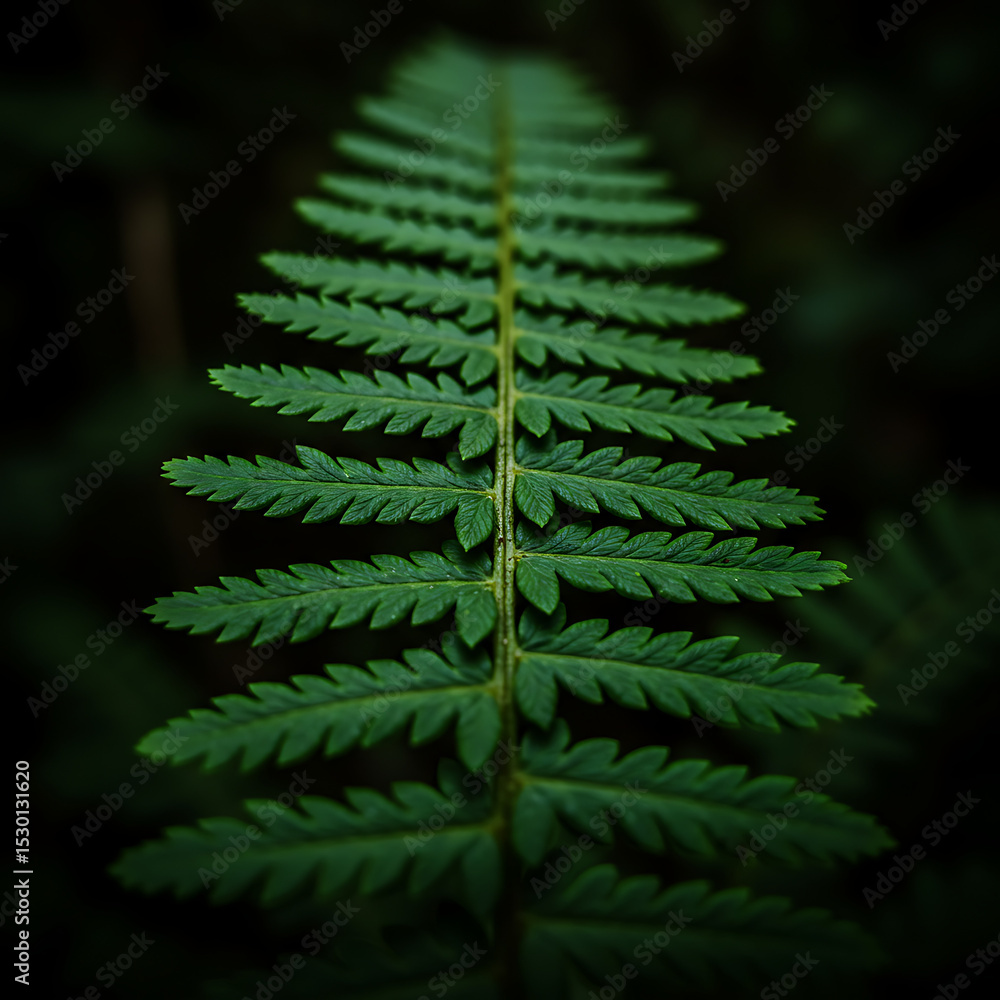 Poster a close-up macro of a vibrant green fern leaf, showing its intricate, symmetrical pattern against a 