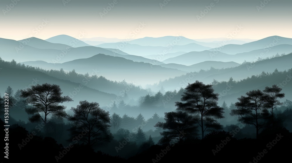 Poster mountain range with a foggy sky and trees. the trees are tall and the sky is cloudy