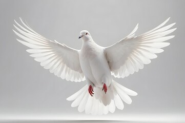 Fototapeta premium A white dove in mid-flight against a plain backdrop