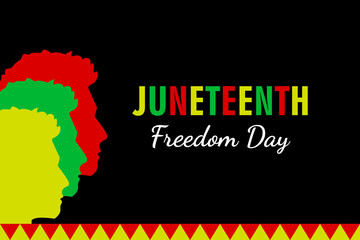 Juneteenth Freedom Day: A vibrant illustration honoring Juneteenth, a day of liberation and heritage, with bold typography and silhouettes of diverse individuals.