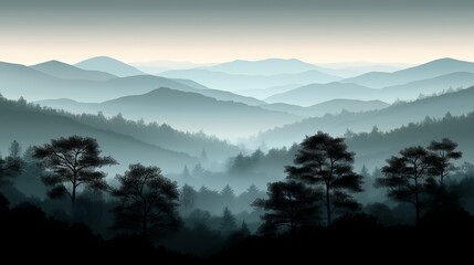 Obraz premium Mountain range with a foggy sky and trees. The trees are tall and the sky is cloudy