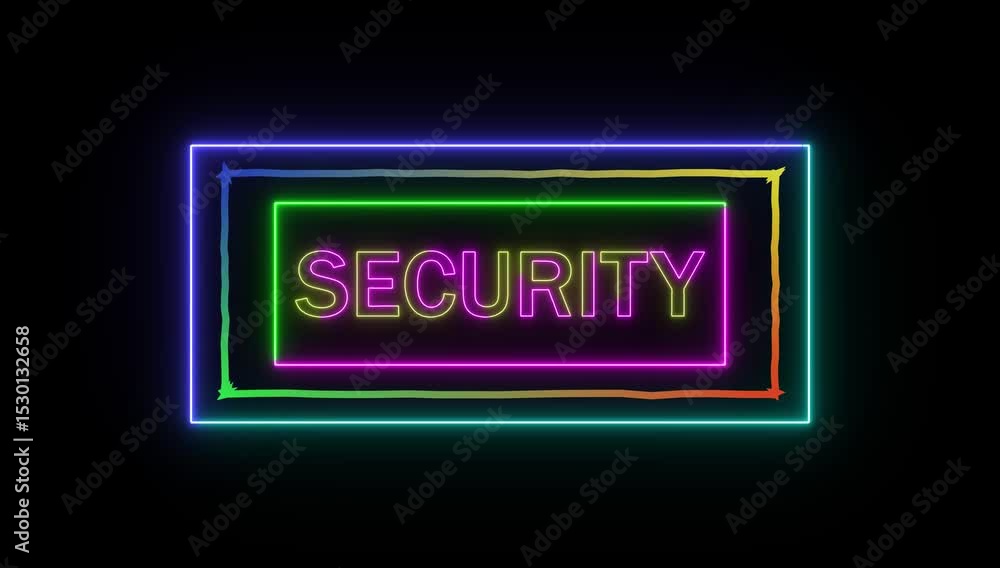 Aufkleber security text animation with neon glow line on black background neon bright sign in frame.