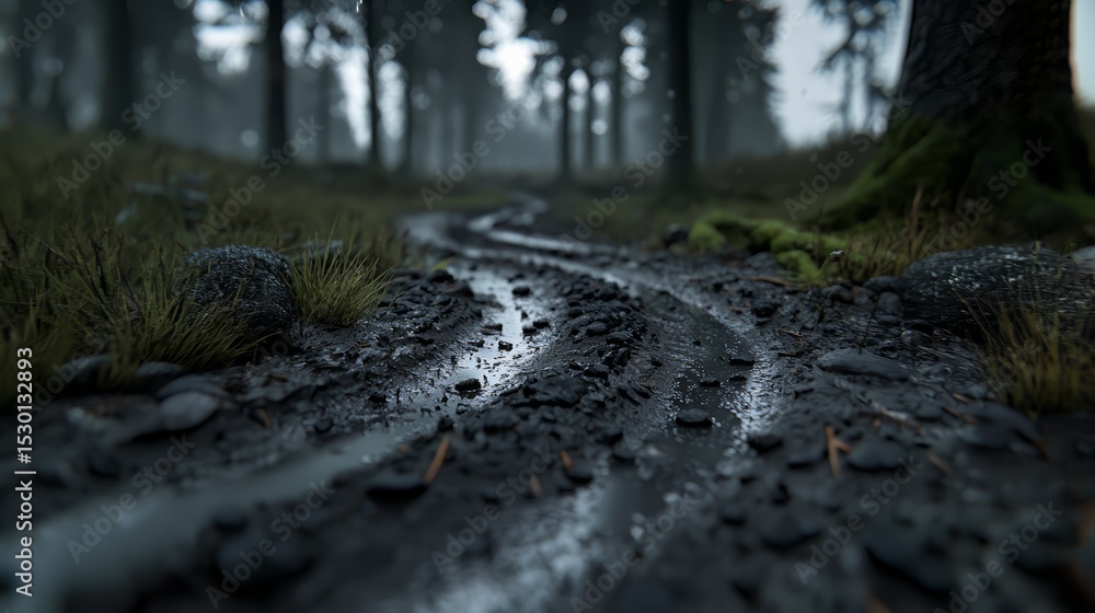 Poster Muddy path in a forest with a tree in the background. Scene is dark and mysterious