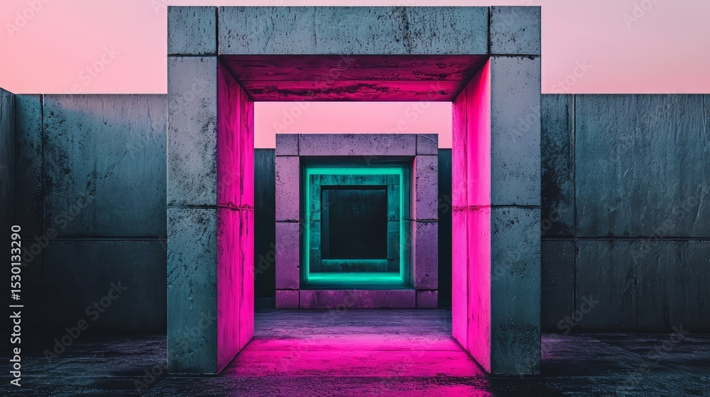 Aufkleber neon lighted tunnel with a dark room on either side. the tunnel is made of concrete and has a neon l