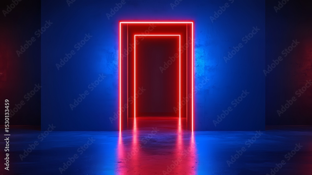 Poster neon red doorway is lit up in a blue room. the room is empty and the doorway is the only thing visib