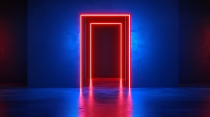Neon red doorway is lit up in a blue room. The room is empty and the doorway is the only thing visible. The neon lights give the room a futuristic and modern feel