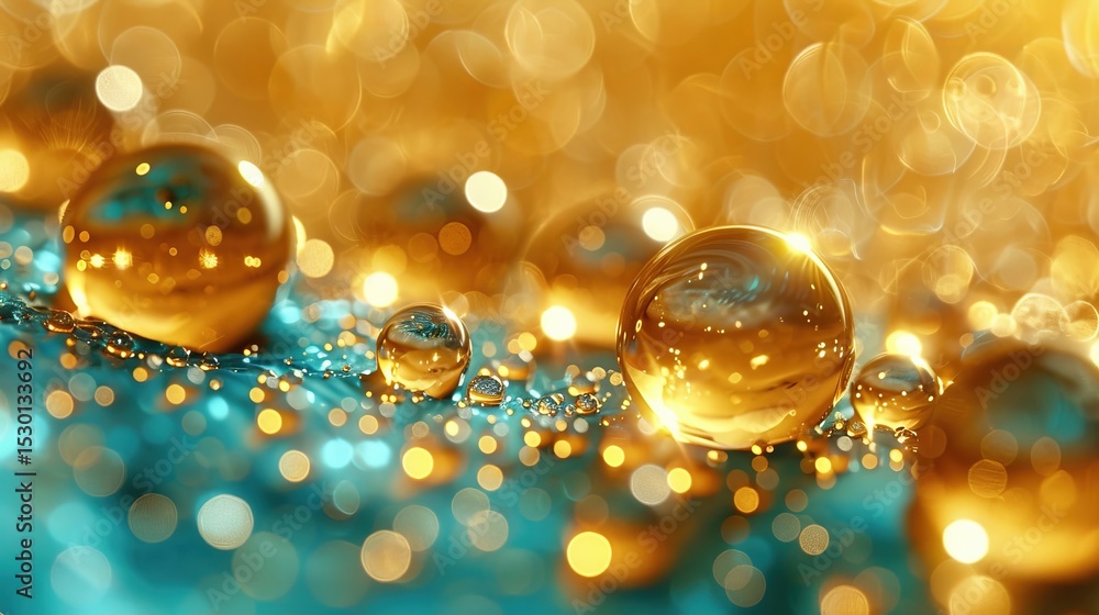 Poster spherical droplets of liquid capture vivid colors as they float against a softly blurred backdrop sh
