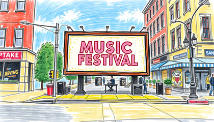 colorful music festival ad poster on a busy street corner, crayon drawing. with white shades