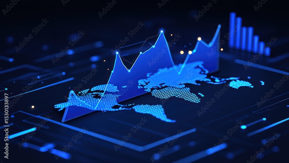 Poster complex analytics display dynamic growth trends across a world map. luminous blue lines rise and fal