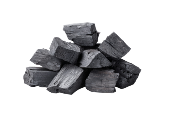 A pile of black rocks with a white background