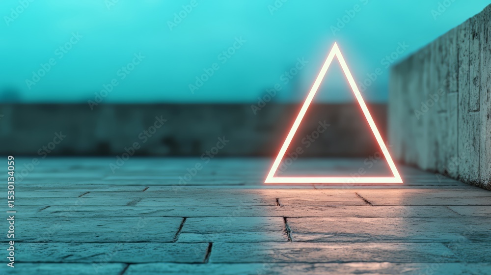 Poster neon triangle is lit up against a blue background. the triangle is lit up in red and yellow, creatin