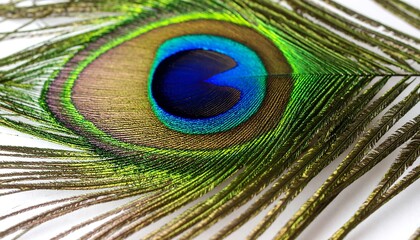Peacock feather detail on white.