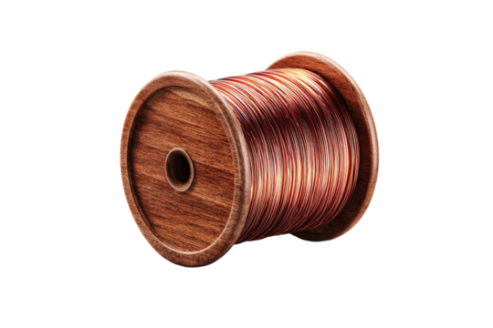 A brown wire is wrapped around a wooden spool