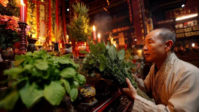 Low angle view of a man presenting a bundle of fragrant herbs, believed to ward off negative energies, to the altar with utmost reverence and devotion.