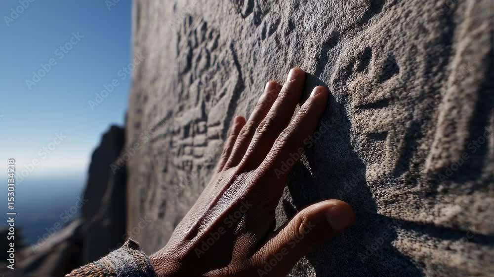 Poster closeup of a pilgrims hand reaching out to touch a sacred symbol carved into the side of the mountai