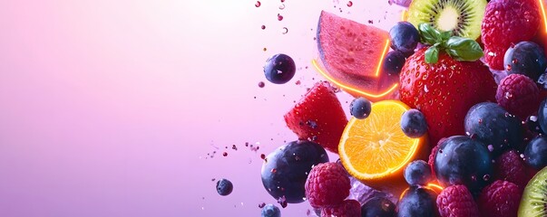 Vibrant colorful fruits in motion with water splashes.