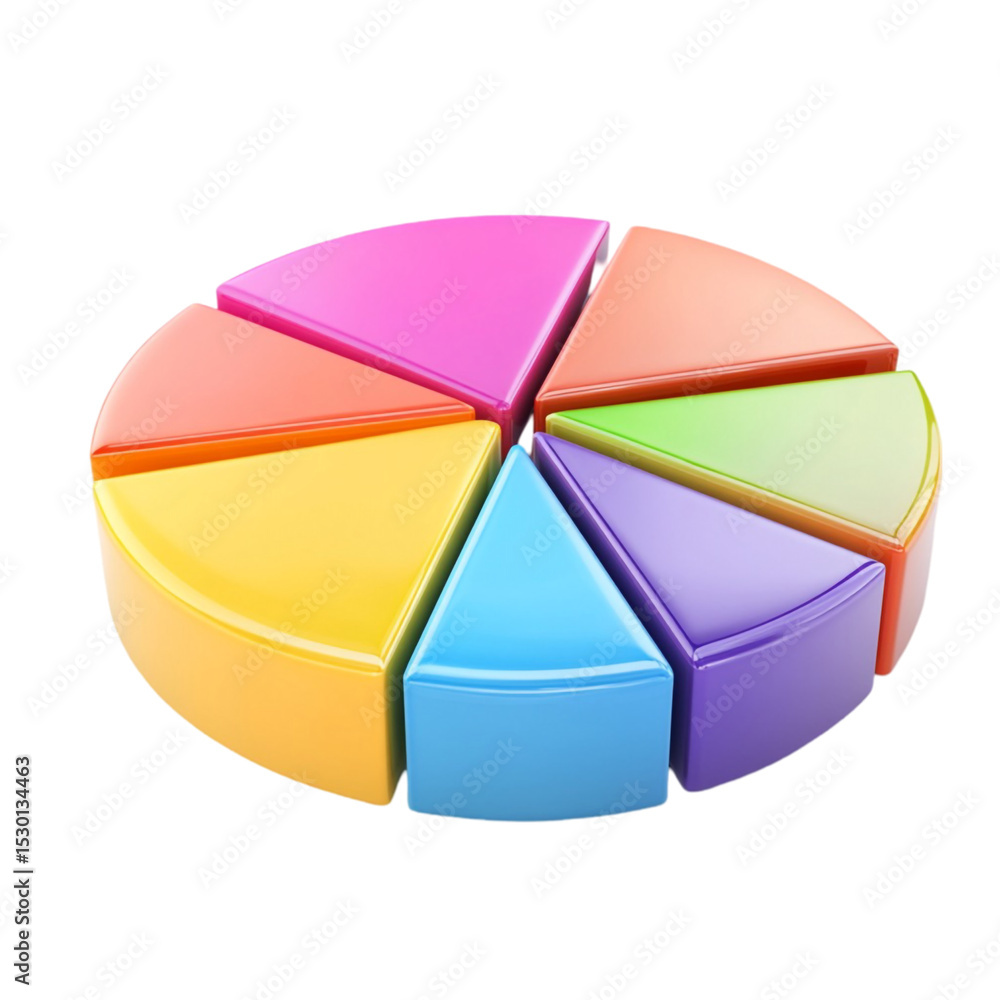 Poster colorful 3d pie chart showing data segments in various bright hues