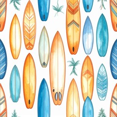 Watercolor Surfboard Seamless Pattern Summer Beach